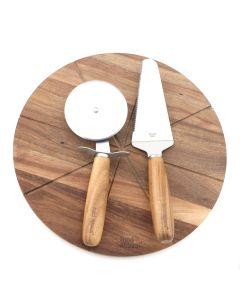 מארז לחיתוך פיצה/גבינות: 2 סכינים + משטח עגול מעץ שיטה Food Appeal