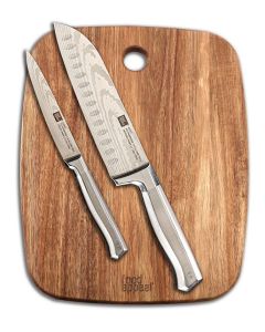 סכין סנטוקו 18 ס"מ + סכין 13 ס"מ + קרש חיתוך עץ שיטה 1.5*29*38 ס"מ Food Appeal ONO